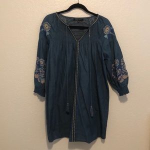 Smocked Embroidered Denim dress with tassels